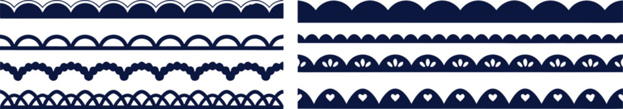 Decorative scallop border collection with seamless ornamental stripe patterns. Elegant navy blue divider set for textile packaging and branding. Minimal geometric trims for modern graphic design