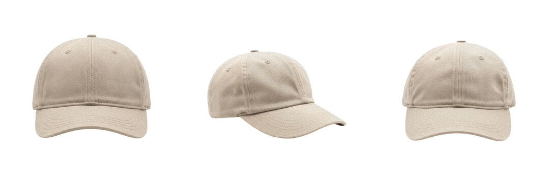 Set of Beige Baseball Caps from Multiple Angles, Blank Headwear Mockup, Isolated PNG Graphic Elements for Fashion Design, Branding, and Merchandise Storefronts
