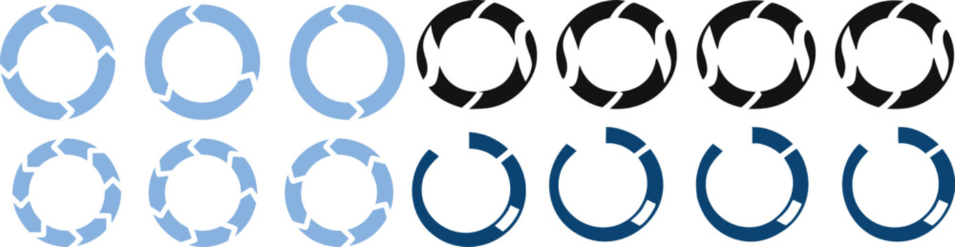 Blue and black loading spinner icons isolated on white. Circular progress indicators for buffering, , waiting, refresh, and interface animation. Minimal modern  symbol collection.