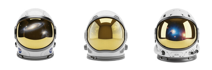 Set of Astronaut Helmets Isolated on White Background, Futuristic Space Suits Headgear with Reflective Gold Visors, Galaxy and Nebula Reflections, Concept for Sci-Fi Space Exploration, High-Quality Cu © Wazir