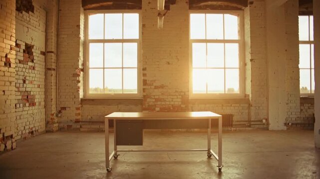 Renovation Potential in industrial loft space empty room with Exposed Brick Walls and large windows golden hour light panning shot