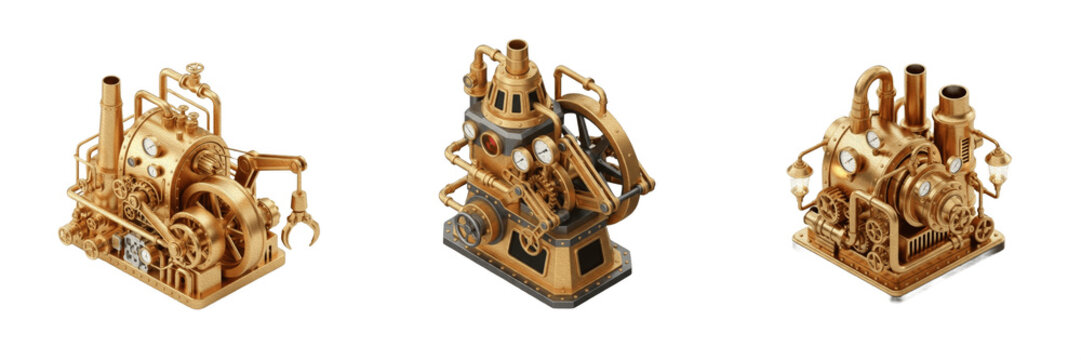 Set of Isometric Steampunk Industrial Machines, Golden Mechanical Contraptions with Pipes and Gears, Vintage Sci-Fi Gadgets, Isolated on White Background, High-Quality Cutout PNG Assets for Creative G