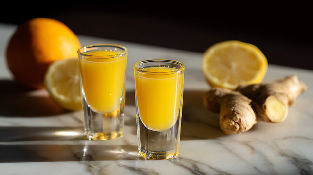 Vibrant citrus and ginger shots on marble, featuring refreshing juice, whole lemon, and ginger root, healthy beverage concept