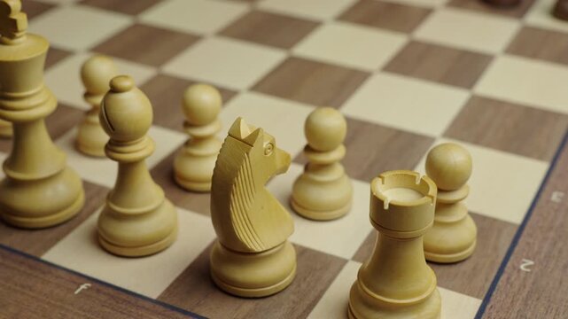 Cinematic close-up slider shot revealing detailed wooden chess pieces on a chessboard. Smooth camera movement showcasing focus pulling from rook to king and queen. Perfect for business strategy concep