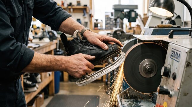 Worker sharpening the metal blade of a black ice skate on a grinding machine in a workshop