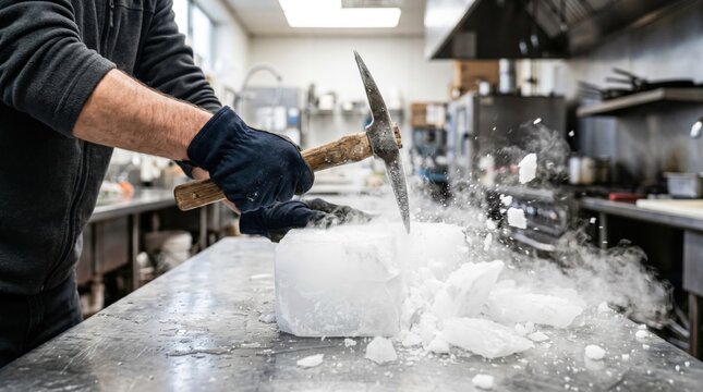 Person wearing black gloves using a metal pick to break a large block of clear ice