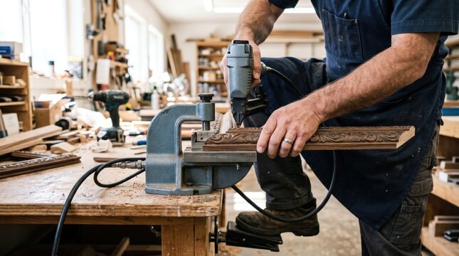 Framer using a pneumatic nail gun tool to join the corners of an ornate wooden picture frame