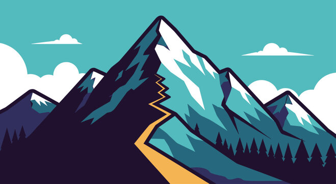 Stylized mountain range with snowy peaks and a winding golden path