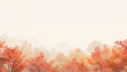 Fototapeta premium 赤や金色の紅葉が秋の霧に広がる温かな水彩背景素材