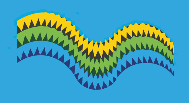 Geometric zig-zag waves in yellow, green, and blue against a blue background