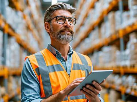 Worker in an orange vest checks a tablet in a warehouse filled with shelves holding boxes during the day