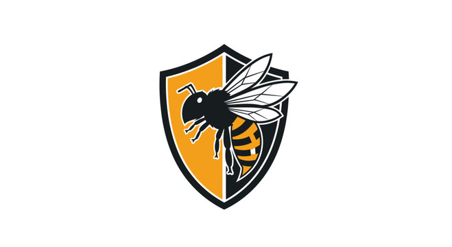 A stylized bee with black and yellow stripes on a shield