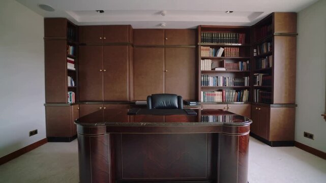 Luxury Home Office Interior with Elegant Wooden Desk and built-in bookshelves professional workspace for executive or Remote Work