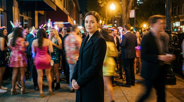 Woman standing calm in the center of a busy city nightlife. Focused girl in a dark coat surrounded by a blurred crowd of party goers on a crowded street. Urban evening lifestyle concept