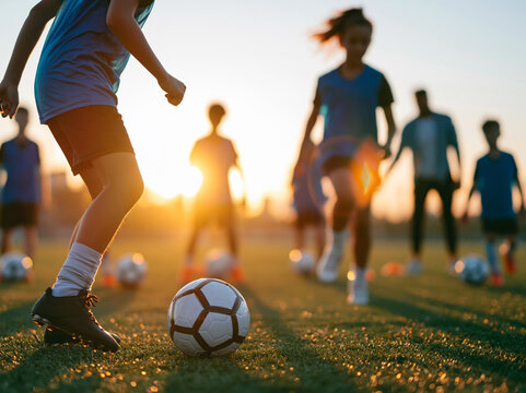 Kids play soccer during sunset on a field with teammates and coaches present