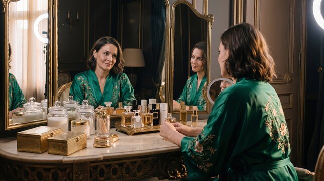 Woman sitting at dressing table looking at mirror reflection. Lady in green morning robe applying perfume during beauty routine. Elegant lifestyle, skincare and personal self care concept