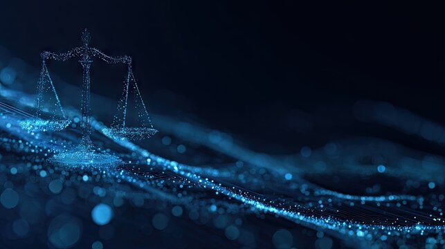 Blue glowing wireframe scale of justice on abstract wave.