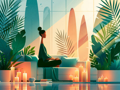 Person sits on a couch surrounded by plants and candles while practicing mindfulness in a bright room during the day