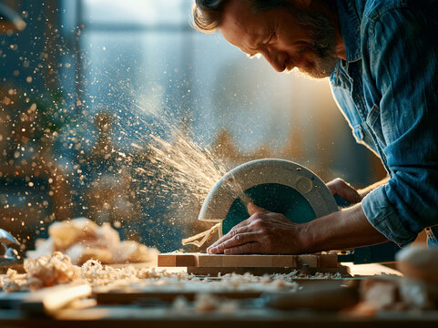 Craftsman works with circular saw in workshop during afternoon hours making wooden pieces with care and focus
