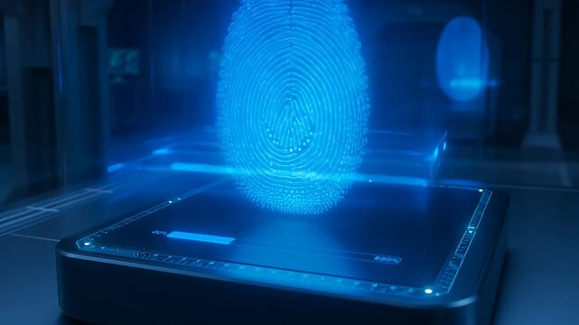 Biometric fingerprint scanner, digital security scan, blue hologram interface