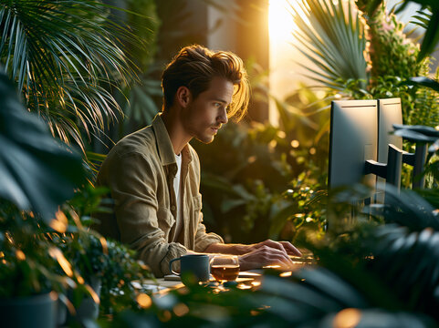 Man working on computer surrounded by plants in a bright room in the evening