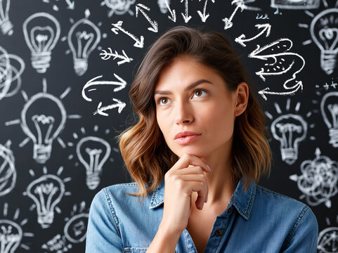 Woman thinks deeply in front of blackboard filled with drawings of light bulbs and arrows