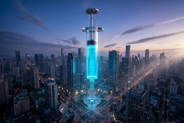 Naklejka premium Giant Glowing Syringe Over Modern City Skyline