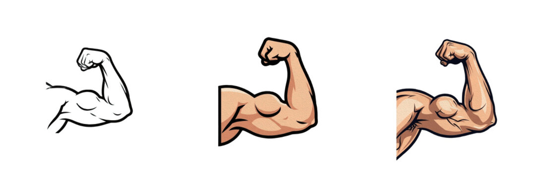 Muscular Arm Flexing Biceps Set Isolated on Transparent Background, Strong Fitness Bodybuilder Man Cartoon Vector Illustration, Gym Strength Workout Symbol, Power Training Concepts, Athletic Anatomy G