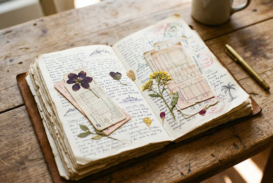 Pressed Flowers in Vintage Journal with Handwritten Notes