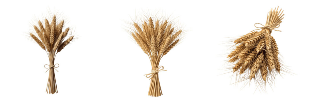 Golden wheat sheaf set tied with twine string, ripe cereal ear bundles and agricultural grain stalks collection isolated on transparent background for bakery food packaging and autumn harvest graphic 