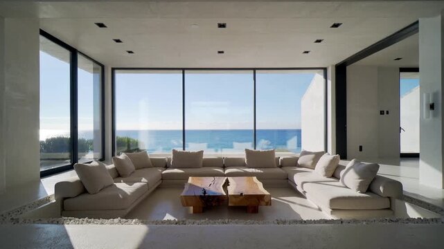 Luxury Coastal Living Room Interior with ocean view modern minimalist design and natural light panning shot