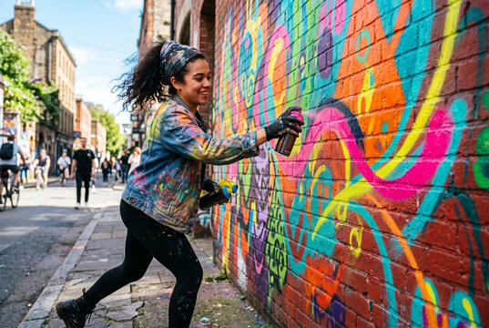 Street Artist Creating Colorful Mural on Urban Brick Wall