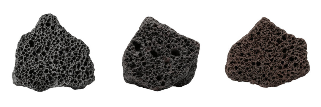Natural black lava rock pumice stone set with porous texture, volcanic basalt mineral stones and spa pedicure exfoliating scrub elements isolated on transparent background for beauty or geology graphi
