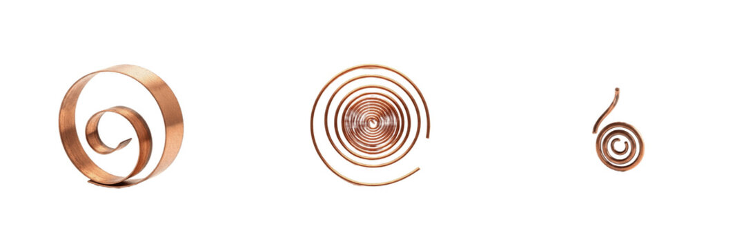 Copper metal spiral spring set, flexible metallic coil strip ribbon and clockwork hardware mechanism components collection isolated on transparent background for industrial engineering graphic designs