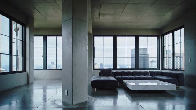 Luxury Loft Apartment Interior with panoramic city views modern concrete design and minimalist furnishings panning shot