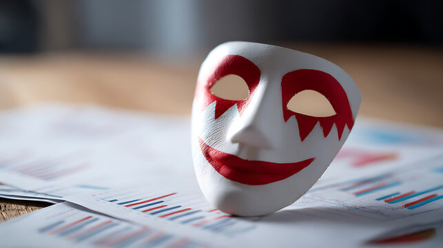 A White and Red Theatrical Mask on Business Documents Symbolizing Deception, Hidden Agendas, and Financial Fraud on a Wooden Desk