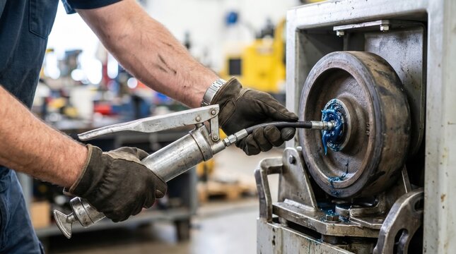 Mechanic using a grease gun to lubricate a heavy duty wheel bearing