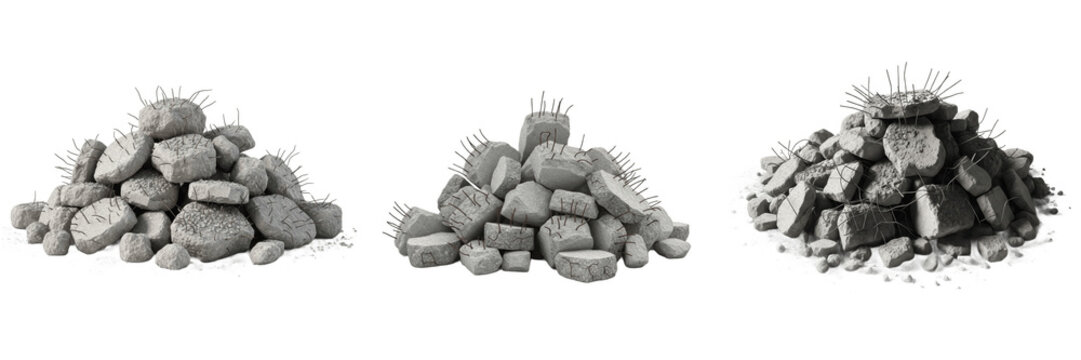 Construction concrete rubble pile set with broken bricks and exposed rebar, destroyed building debris heaps isolated on transparent background for disaster zone architecture game assets and graphics