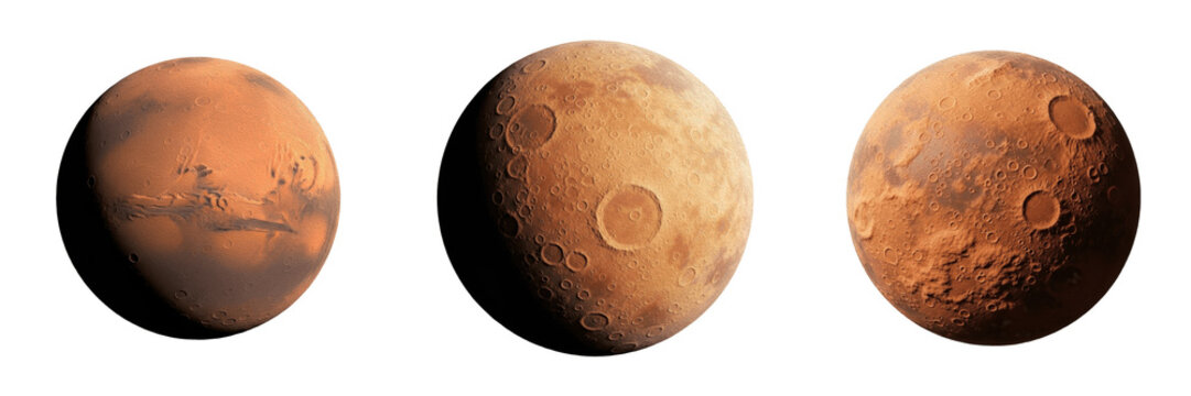 Mars Planet Spheres Set PNG. Red Planet Globes with Impact Craters and Surface Topography Isolated on Transparent Background for Space Exploration Layouts, Astronomy Science Education, and Sci-Fi Grap