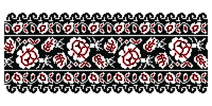 Classic Chernihiv Ukrainian embroidery roses (troyandy) in red and black, naturalistic floral ornament symbolizing love, beauty and womanhood