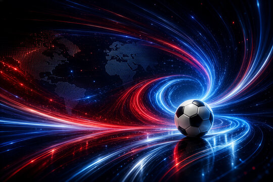 Dynamic Soccer Ball Nestled in Glowing Blue and Red Light Swirl Vortex