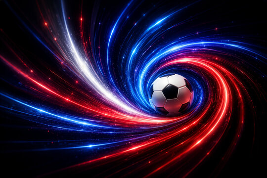 Dynamic Soccer Ball Nestled in Glowing Blue and Red Light Swirl Vortex
