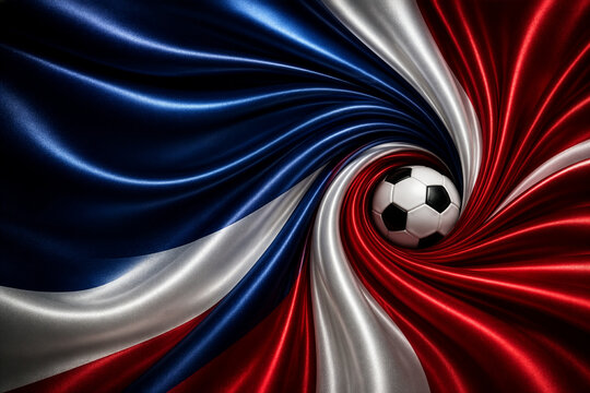 Soccer Ball in Elegant Red White and Blue Satin Fabric Swirl