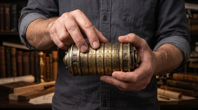 Holding and inspecting a vintage brass cryptex combination puzzle cylinder