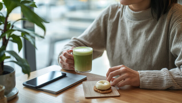 明るいカフェで日本人女性が抹茶ラテを飲む現代的な休憩写真