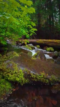 Vertical view of a peaceful forest stream flowing over mossy boulders in the Oregon wilderness.
