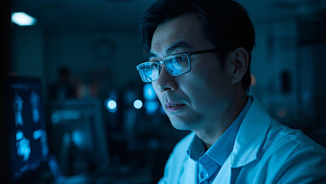 日本人研究者が暗い検査室で医療画像を解析している様子