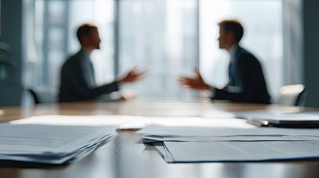 Businessmen discussing legal documents at a sunlit office desk.