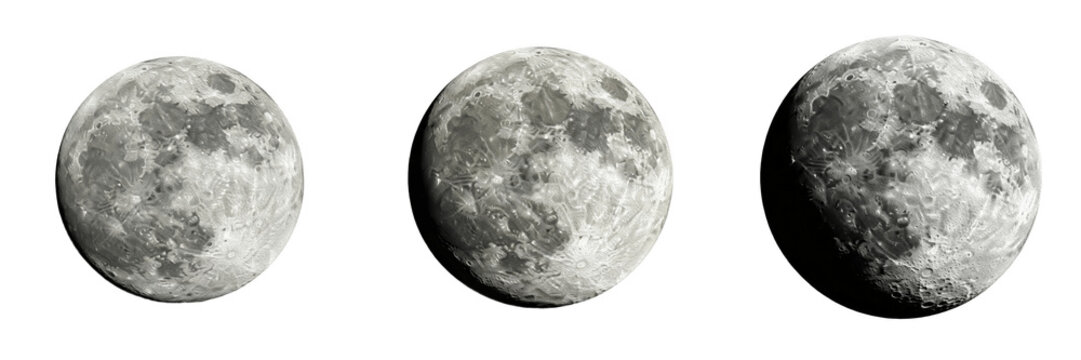 Collection of Realistic Moon Phases Isolated on White Background, Detailed Lunar Surface Textures for Space Design, Night Sky Astronomy Elements, Cinematic Celestial Objects for Science and Astrology 