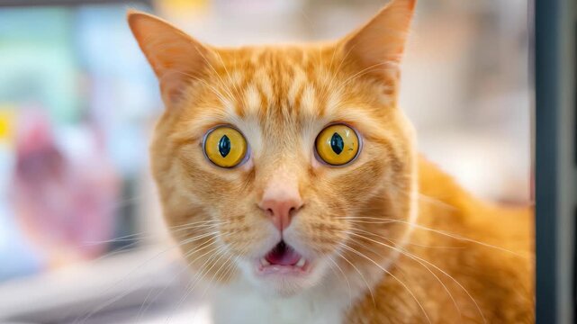 Surprised ginger cat with wide eyes and open mouth looking at the camera, close-up shot
